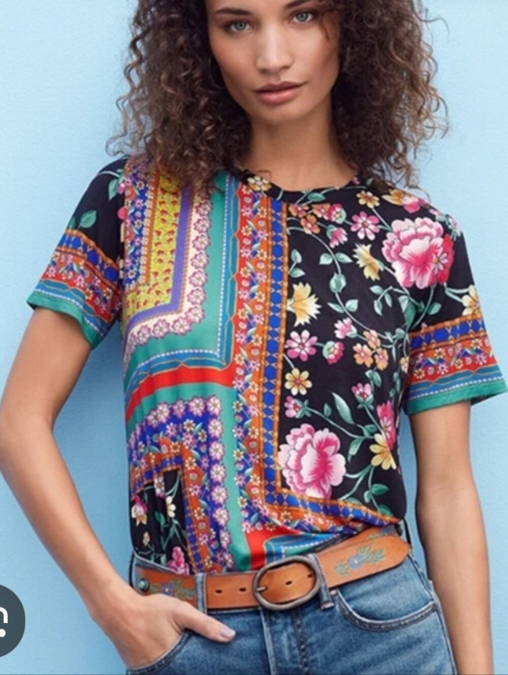 Johnny Was Black Floral Patchwork Short Sleeve Top with Multicolor Panels